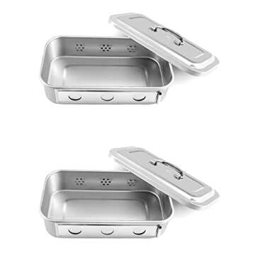 QWORK 8" Medical 304 Stainless Steel Sterilization Box Square with Lid and Holes for Surgical Medical Dental Instruments, 2 Pack