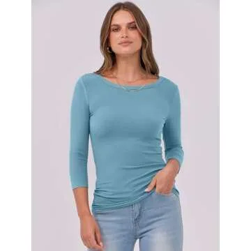 ANRABESS Women 3/4 Sleeve Crewneck Rib Knit Slim Fit Shirts Basic Tee Tops 2025 Summer Casual T-Shirt Workout Outfits Clothes Sky X-Small