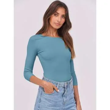 ANRABESS Women 3/4 Sleeve Crewneck Rib Knit Slim Fit Shirts Basic Tee Tops 2025 Summer Casual T-Shirt Workout Outfits Clothes Sky X-Small