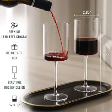 RAVNDOX Square Wine Glasses Set of 4 - 14 oz Hand Blown Crystal Goblets