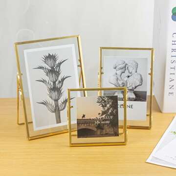 Jajamy Set of 3 Glass Pressed Flowers Frame Collection, 4"x4", 4"x6", 5"x7" Gold Metal Floating Stan...