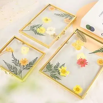 Jajamy Set of 3 Glass Pressed Flowers Frame Collection, 4"x4", 4"x6", 5"x7" Gold Metal Floating Standing Glass Picture Frames, Tabletop Pressed Glass Artwork Frame Home Decor Photo Display