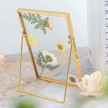 Jajamy Set of 3 Glass Pressed Flowers Frame Collection, 4"x4", 4"x6", 5"x7" Gold Metal Floating Standing Glass Picture Frames, Tabletop Pressed Glass Artwork Frame Home Decor Photo Display