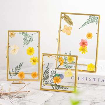 Jajamy Set of 3 Glass Pressed Flowers Frame Collection, 4"x4", 4"x6", 5"x7" Gold Metal Floating Standing Glass Picture Frames, Tabletop Pressed Glass Artwork Frame Home Decor Photo Display