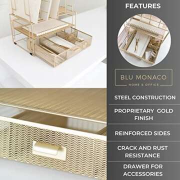 BLU MONACO Gold Desk Accessories and Workspace, Desktop Organizer - Cute File Organizer for Desk and Drawer Storage for Office Supplies, Paper, Device and Folders - File Holder