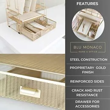 BLU MONACO Gold Desk Accessories and Workspace, Desktop Organizer - Cute File Organizer for Desk and Drawer Storage for Office Supplies, Paper, Device and Folders - File Holder