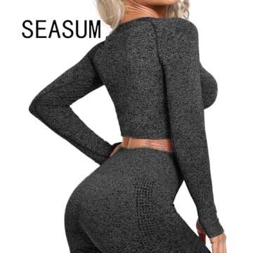 SEASUM Women Workout Crop Top Seamless Shirt Athletic Long Sleeve Fitness Tight Tee S