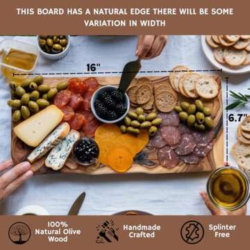 Olive Wood Long Charcuterie Board | Rustic Solid Wood Cutting Board No Glue | Cheese and Bread Cutti...