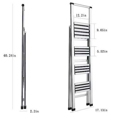 Step Ladder 4 Step Folding Aluminum Small Step Stool with Handle for Kitchen Closet, 5Ft Foldable Steping Stool for Adults Seniors, Wide Anti Slip Pedal, 300lbs Lightweight Portable Ladders for Home