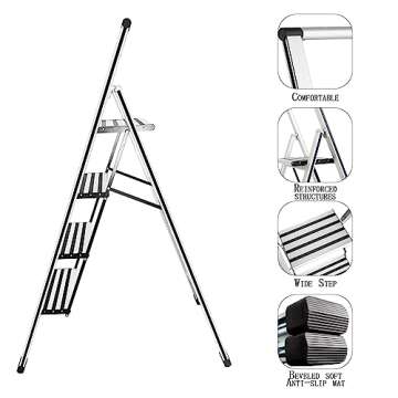 Step Ladder 4 Step Folding Aluminum Small Step Stool with Handle for Kitchen Closet, 5Ft Foldable Steping Stool for Adults Seniors, Wide Anti Slip Pedal, 300lbs Lightweight Portable Ladders for Home