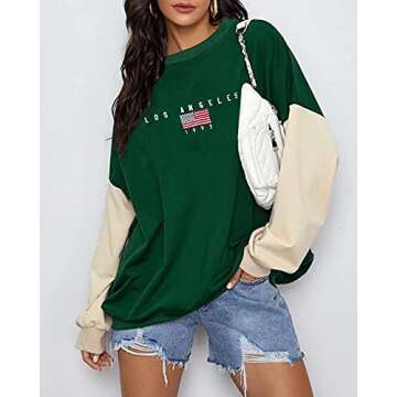 Hongqizo Womens Los Angeles California 1992 Oversized Sweatshirt Long Sleeve Drop Shoulder Colorblock Sweatshirt Hoodies Green