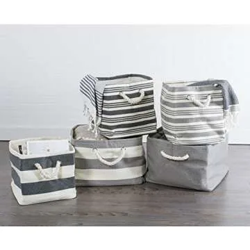 DII Durable Woven Striped Storage Bin Collapsible with Soft Rope Handles Reinforced with Metal Grommets, Large, 17x12x12", Gray