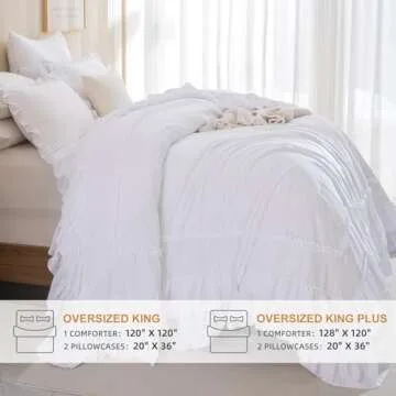 Masaca White Oversized King Comforter Set 120x120,Farmhouse Shabby Boho Chic Ruffle California King Bed Comforter Set French Country Rustic Bedding 3PCS (1 Ruffled Comforter+2 Pillow Shams)