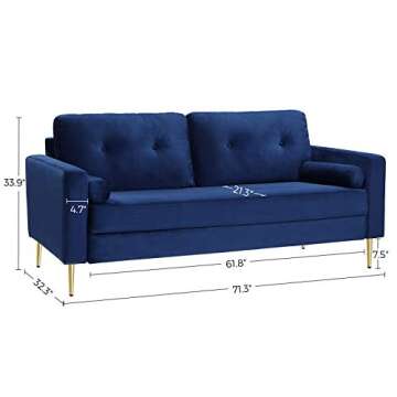 VASAGLE Velvet Sofa, Couch for Living Room, for Apartment, Small Space, Solid Wood Frame, Metal Legs, Easy Assembly, Mid-Century Modern Design, 71.3 x 32.3 x 33.9 Inches, Blue ULCS002Q01