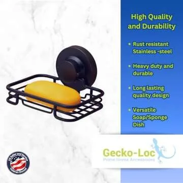 Gecko-Loc Soap Dish Suction mounting Bath soap bar Holder for Bathroom, Metal Bath Shower Bathtub Wall Tile or Kitchen Sink soap or Sponge Dishes - Black