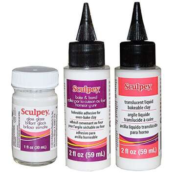 Sculpey Artist Set: 1 Fl Oz Gloss Glaze, 2 Fl Oz Bake and Bond Bakeable Adhesive for Oven-Bake Clay, 2 Fl Oz Translucent Liquid Bakeable Clay - Pack of 3