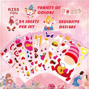 24 Sheets Valentine Stickers for Kids Make a face Sticker, Valentines Day Stickers Make Your Own Valentine Gnome Stickers Valentine' s Day Themed Party Favors Supplies