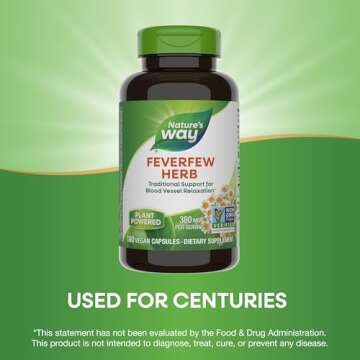Nature's Way Feverfew Herb, Traditional Support for Blood Vessel Relaxation*, 380 mg per Serving, Non-GMO Project Verified, 180 Vegan Capsules (Packaging May Vary)