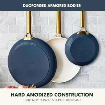 GreenPan Reserve Hard Anodized Healthy Ceramic Nonstick 8" 10" and 12" 3 Piece Frying Pan Skillet Set, Gold Handle, Induction, PFAS-Free, Dishwasher Safe, Oven Safe, Twilight Blue