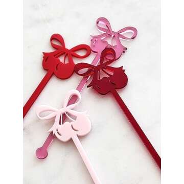 Galentines Day Decorations Bow Cherry Cocktail Stir Sticks for Valentines Day Decorations - Galentines Day Decorations Bar Cart Accessories, Galentines Day Stirrer Red Bow