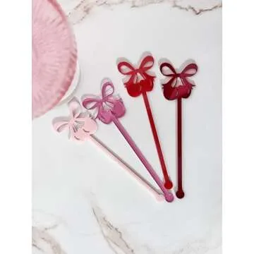 Galentines Day Decorations Bow Cherry Cocktail Stir Sticks for Valentines Day Decorations - Galentines Day Decorations Bar Cart Accessories, Galentines Day Stirrer Red Bow