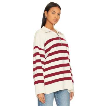 Miewenmogu Women's Oversized Sweatshirt Long Sleeve Casual Quarter Zip Lapel Collar Striped Pullover Tops Fall Fashion Outfits (Ruby-M)