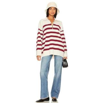 Miewenmogu Women's Oversized Sweatshirt Long Sleeve Casual Quarter Zip Lapel Collar Striped Pullover Tops Fall Fashion Outfits (Ruby-M)