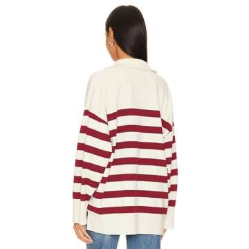 Miewenmogu Women's Oversized Sweatshirt Long Sleeve Casual Quarter Zip Lapel Collar Striped Pullover Tops Fall Fashion Outfits (Ruby-M)