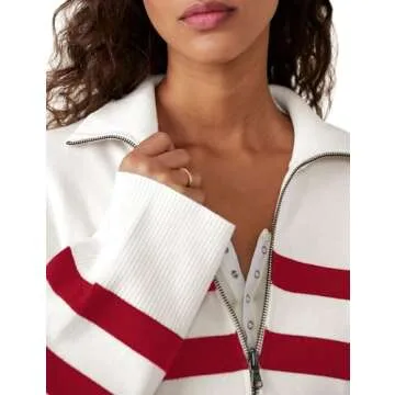 Miewenmogu Women's Oversized Sweatshirt Long Sleeve Casual Quarter Zip Lapel Collar Striped Pullover Tops Fall Fashion Outfits (Ruby-M)