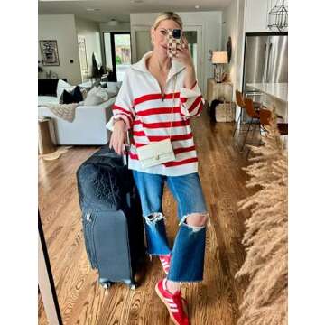 Miewenmogu Women's Oversized Sweatshirt Long Sleeve Casual Quarter Zip Lapel Collar Striped Pullover Tops Fall Fashion Outfits (Ruby-M)