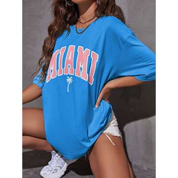 Verdusa Women's Loose Drop Shoulder Tree Miami Letter Graphic Oversized Longline Tee Shirt Tops Blue M
