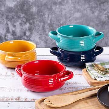 Cutiset 20 Ounce Multicolor Ceramic Soup Bowls with Handles,Ceramic Serving Bowl Set for Soup, Cereal and Stew, Set of 4