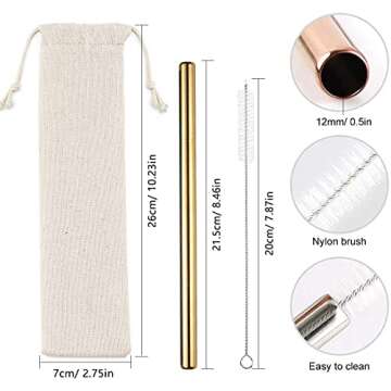 7 Pcs 8.5" Reusable Boba Drinking Straws 304 Stainless Steel Straws Set with 2 Cleaning Brushes Wide Metal Straw for Bubble Tea Milkshakes Smoothie Bar Accessory (Gold)