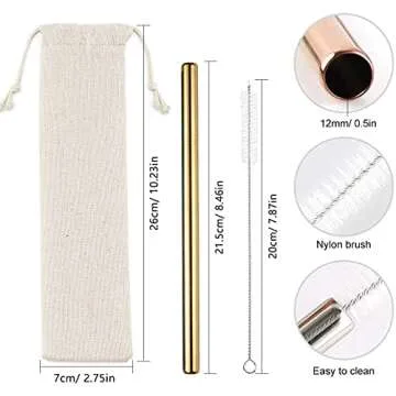 7 Pcs 8.5" Reusable Boba Drinking Straws 304 Stainless Steel Straws Set with 2 Cleaning Brushes Wide Metal Straw for Bubble Tea Milkshakes Smoothie Bar Accessory (Gold)