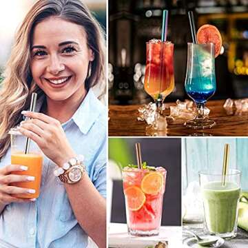 7 Pcs 8.5" Reusable Boba Drinking Straws 304 Stainless Steel Straws Set with 2 Cleaning Brushes Wide Metal Straw for Bubble Tea Milkshakes Smoothie Bar Accessory (Gold)