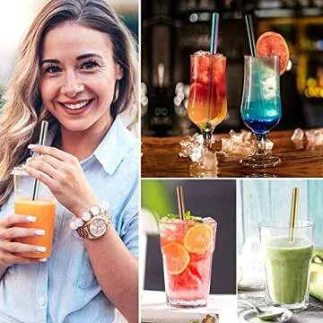 7 Pcs 8.5" Reusable Boba Drinking Straws 304 Stainless Steel Straws Set with 2 Cleaning Brushes Wide Metal Straw for Bubble Tea Milkshakes Smoothie Bar Accessory (Gold)