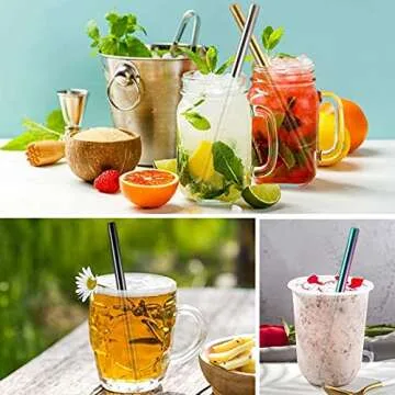 7 Pcs 8.5" Reusable Boba Drinking Straws 304 Stainless Steel Straws Set with 2 Cleaning Brushes Wide Metal Straw for Bubble Tea Milkshakes Smoothie Bar Accessory (Gold)