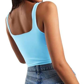 Artfish Women's Sleeveless Strappy Seamless Crop Tank Tops Square Neck Workout Fitness Basic Cropped Camis (Light Blue, L)