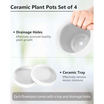 EFISPSS Flower Planter –5 inch Ceramic Plant Pots with Drainage Holes and Ceramic Tray - Gardening Home Desktop Office Windowsill Decoration Gift Set of 4 - Plants NOT Included (White)