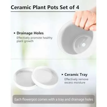 EFISPSS Flower Planter –5 inch Ceramic Plant Pots with Drainage Holes and Ceramic Tray - Gardening Home Desktop Office Windowsill Decoration Gift Set of 4 - Plants NOT Included (White)