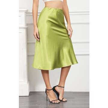ALCEA ROSEA Womens Satin High Waisted Silky Midi Skirt Elastic A-line Skirt for Wedding Party Work AR1212 (Apple Green, Medium)
