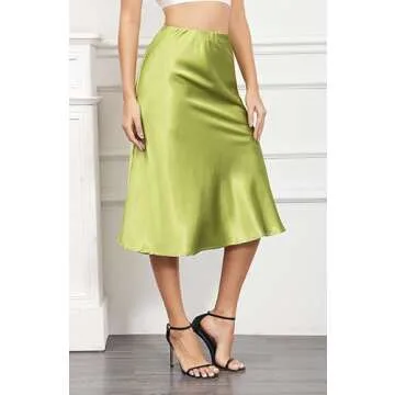 ALCEA ROSEA Womens Satin High Waisted Silky Midi Skirt Elastic A-line Skirt for Wedding Party Work AR1212 (Apple Green, Medium)