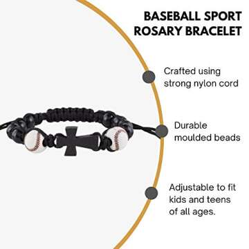My Sports Baseball Athlete Rosary Bracelet with Wood Cross Pendant, 7 1/2 Inch Ball