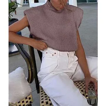 xxxiticat Women's Cap Sleeve Sweater Vest Mock Neck Knit Pullover Tank Shirt 2025 Trendy Spring Summer Sleeveless Cute Top(KH,M) Khaki