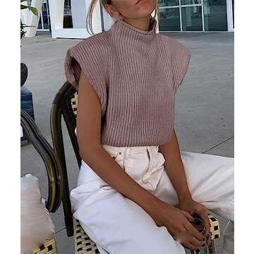 xxxiticat Women's Cap Sleeve Sweater Vest Mock Neck Knit Pullover Tank Shirt 2025 Trendy Spring Summer Sleeveless Cute Top(KH,M) Khaki