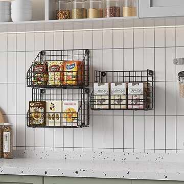 X-cosrack 3-Tier Stackable Snack Organizer With 5 Hooks, Wall-Mounted Wire Storage Basket, Muti-Purp...