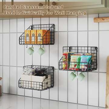 X-cosrack 3-Tier Stackable Snack Organizer With 5 Hooks, Wall-Mounted Wire Storage Basket, Muti-Purpose for Pantry Storage & Snack Rack & Kitchen Storage（One Basket Size: 6.5 X 8.7 X 6.7 Inch）