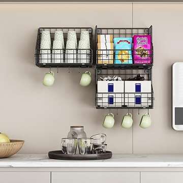 X-cosrack 3-Tier Stackable Snack Organizer With 5 Hooks, Wall-Mounted Wire Storage Basket, Muti-Purpose for Pantry Storage & Snack Rack & Kitchen Storage（One Basket Size: 6.5 X 8.7 X 6.7 Inch）