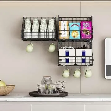 X-cosrack 3-Tier Stackable Snack Organizer With 5 Hooks, Wall-Mounted Wire Storage Basket, Muti-Purpose for Pantry Storage & Snack Rack & Kitchen Storage（One Basket Size: 6.5 X 8.7 X 6.7 Inch）