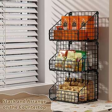 X-cosrack 3-Tier Stackable Snack Organizer With 5 Hooks, Wall-Mounted Wire Storage Basket, Muti-Purpose for Pantry Storage & Snack Rack & Kitchen Storage（One Basket Size: 6.5 X 8.7 X 6.7 Inch）